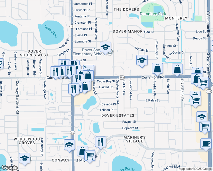 map of restaurants, bars, coffee shops, grocery stores, and more near 4915 Oakbrooke Place in Orlando