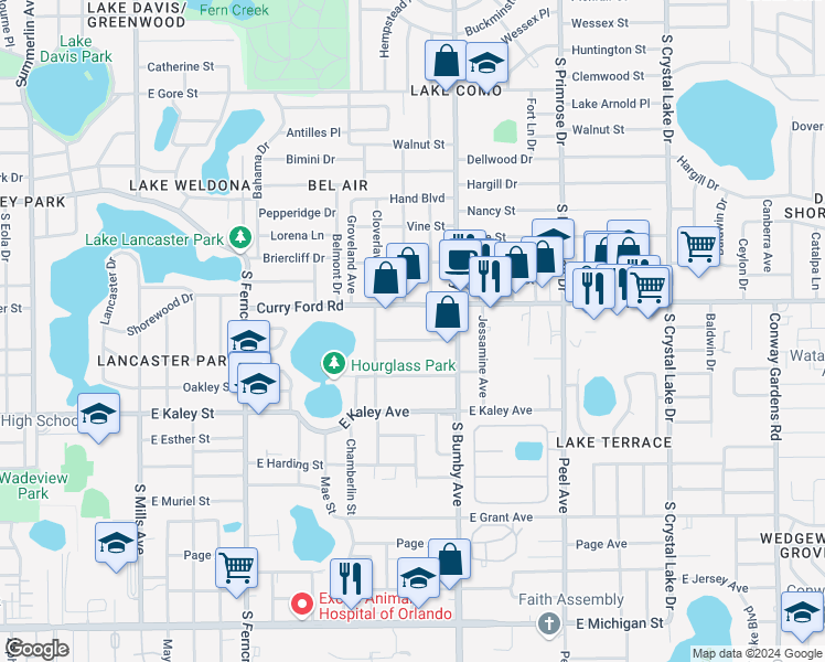 map of restaurants, bars, coffee shops, grocery stores, and more near 2096 Henderson Drive in Orlando
