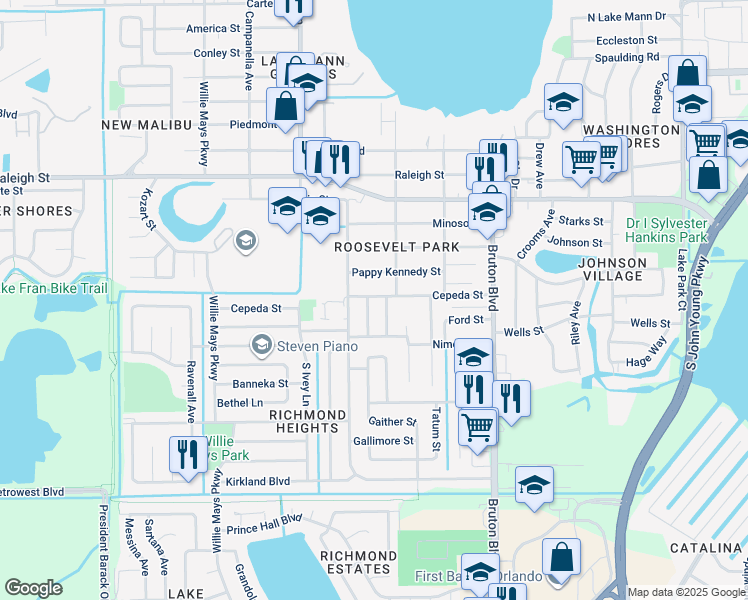 map of restaurants, bars, coffee shops, grocery stores, and more near 1637 Cresthaven Avenue in Orlando