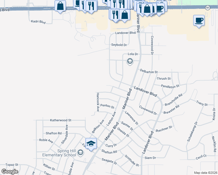 map of restaurants, bars, coffee shops, grocery stores, and more near 12411 Lombardy Street in Spring Hill