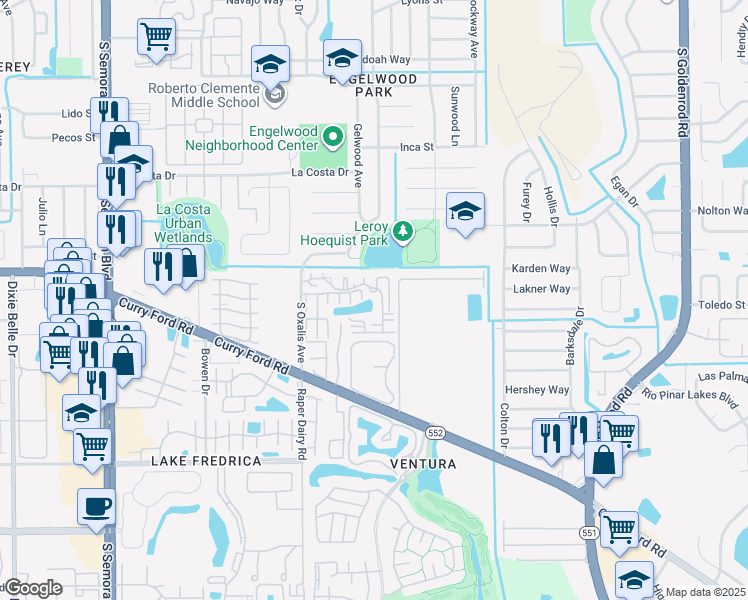map of restaurants, bars, coffee shops, grocery stores, and more near 1612 Shady Ridge Court in Orlando