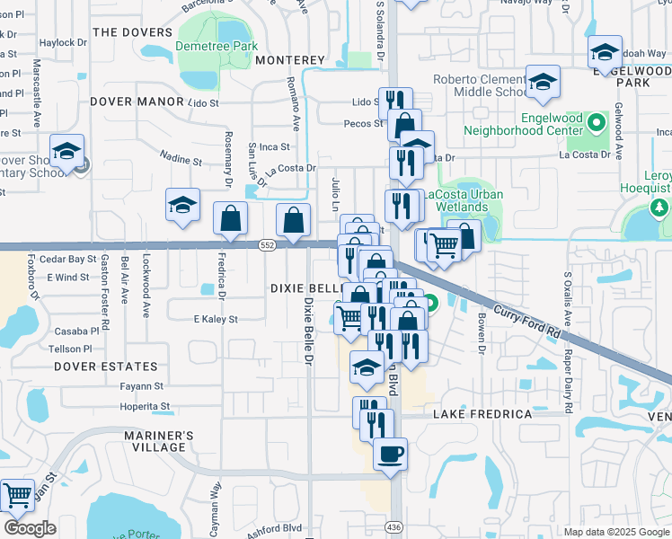 map of restaurants, bars, coffee shops, grocery stores, and more near 5576 Curry Ford Road in Orlando