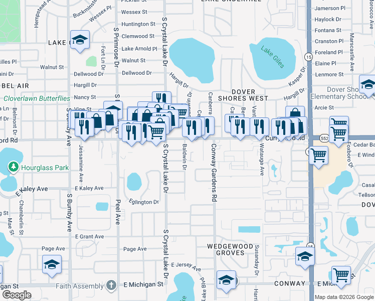 map of restaurants, bars, coffee shops, grocery stores, and more near 3212 Curry Ford Road in Orlando