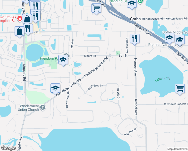map of restaurants, bars, coffee shops, grocery stores, and more near 10508 Park Ridge Gotha Road in Windermere