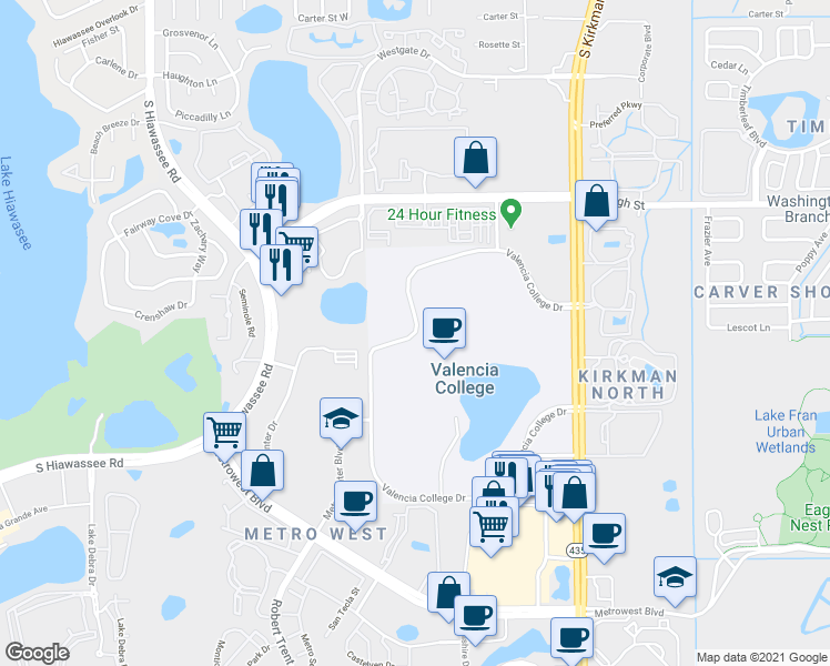 map of restaurants, bars, coffee shops, grocery stores, and more near Valencia College Drive in Orlando