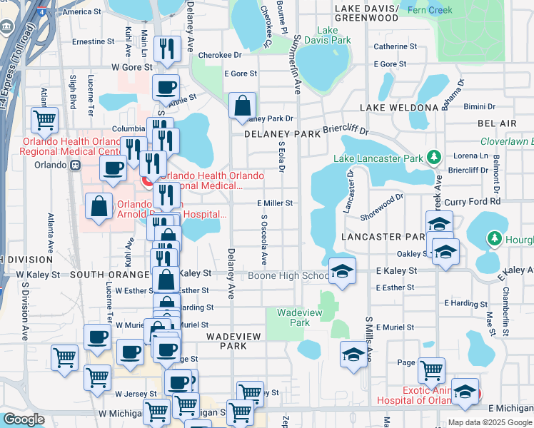 map of restaurants, bars, coffee shops, grocery stores, and more near 1516 South Osceola Avenue in Orlando