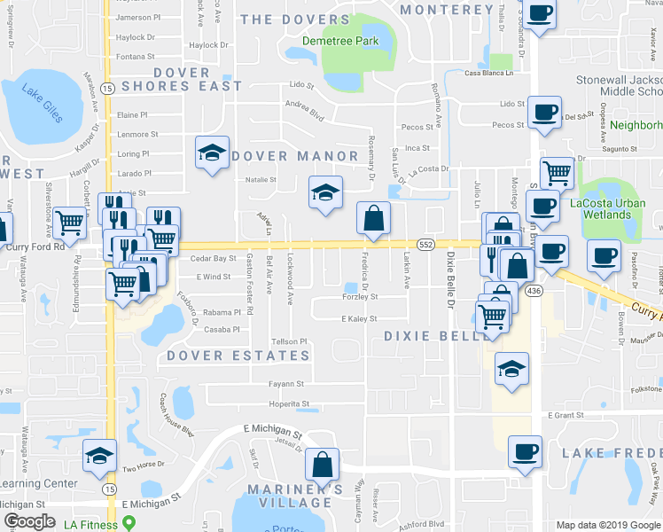 map of restaurants, bars, coffee shops, grocery stores, and more near 5180 Curry Ford Road in Orlando