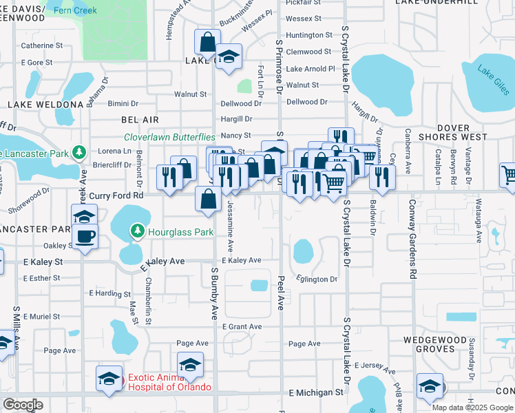 map of restaurants, bars, coffee shops, grocery stores, and more near 2603 Curry Ford Road in Orlando