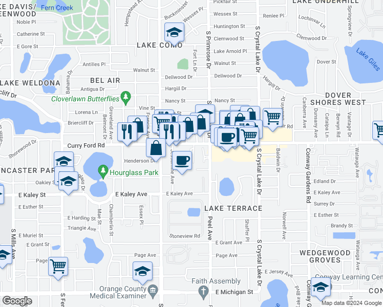 map of restaurants, bars, coffee shops, grocery stores, and more near 2603 Curry Ford Road in Orlando