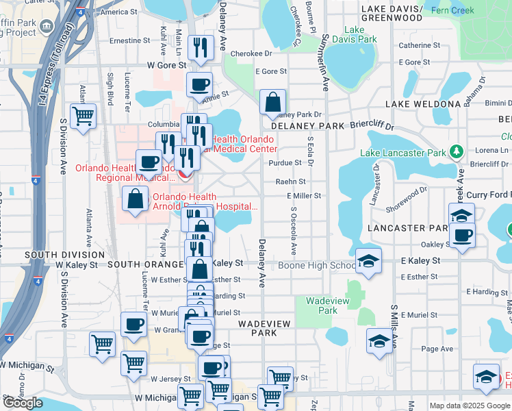 map of restaurants, bars, coffee shops, grocery stores, and more near 1525 Delaney Avenue in Orlando