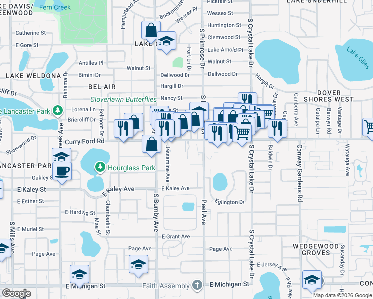 map of restaurants, bars, coffee shops, grocery stores, and more near 2603 Curry Ford Road in Orlando