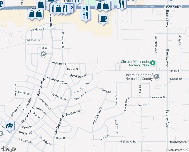 map of restaurants, bars, coffee shops, grocery stores, and more near 13285 Pendleton Street in Spring Hill