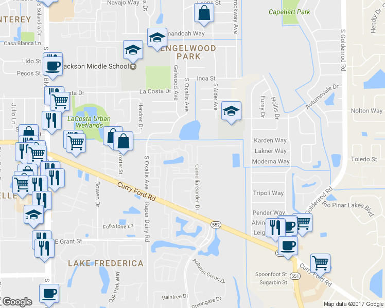 map of restaurants, bars, coffee shops, grocery stores, and more near 1612 Shady Ridge Court in Orlando