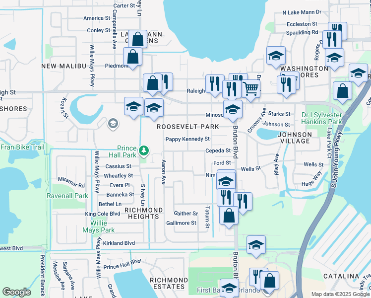 map of restaurants, bars, coffee shops, grocery stores, and more near 1504 Amaros Avenue in Orlando