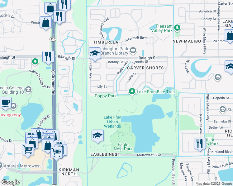 map of restaurants, bars, coffee shops, grocery stores, and more near 5298 Lanette Street in Orlando