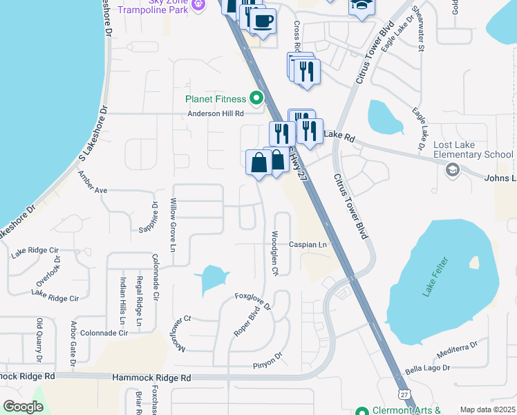 map of restaurants, bars, coffee shops, grocery stores, and more near 12001 Goldenstar Lane in Clermont