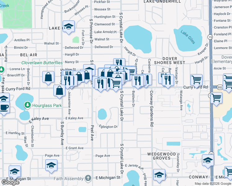 map of restaurants, bars, coffee shops, grocery stores, and more near 3030 Curry Ford Road in Orlando