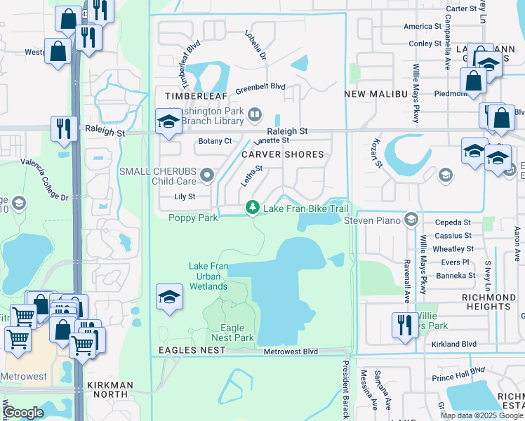 map of restaurants, bars, coffee shops, grocery stores, and more near 5199 Edwina Street in Orlando