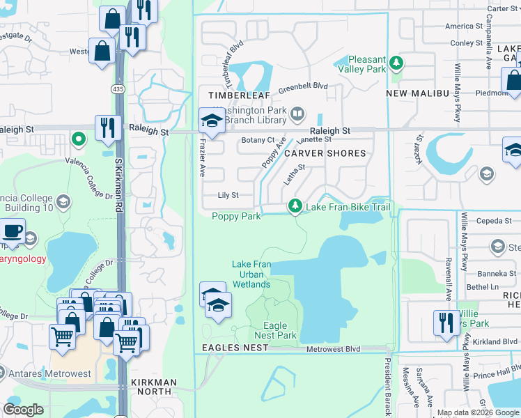 map of restaurants, bars, coffee shops, grocery stores, and more near 5298 Lanette Street in Orlando