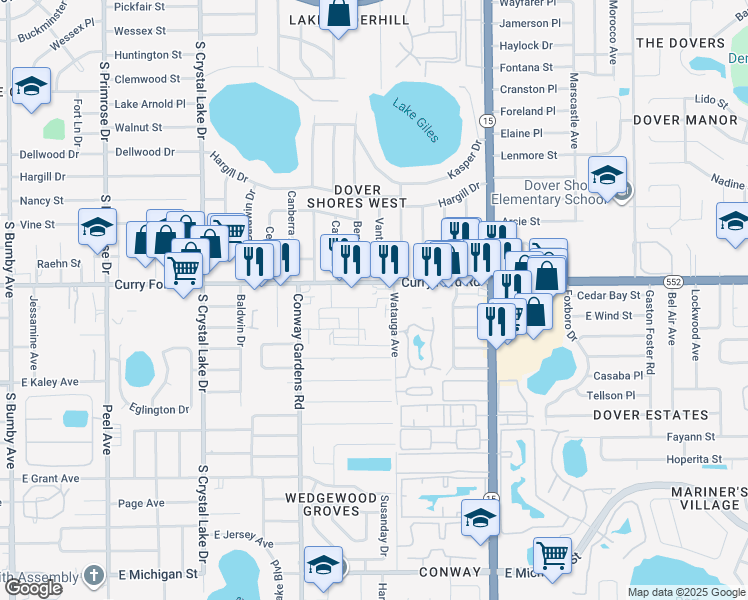 map of restaurants, bars, coffee shops, grocery stores, and more near 3700 Curry Ford Road in Orlando