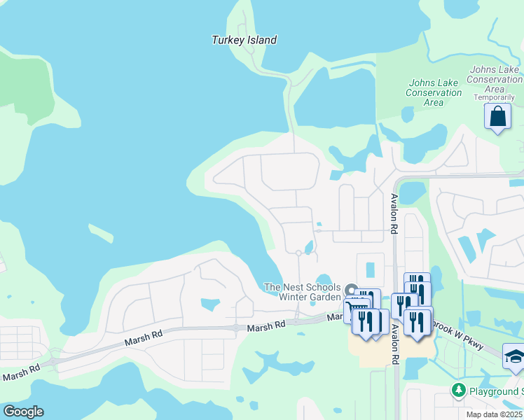 map of restaurants, bars, coffee shops, grocery stores, and more near 16118 Johns Lake Overlook Drive in Winter Garden