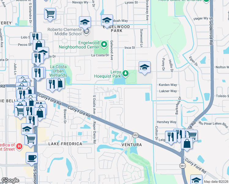 map of restaurants, bars, coffee shops, grocery stores, and more near 1619 Sandy Point Square in Orlando