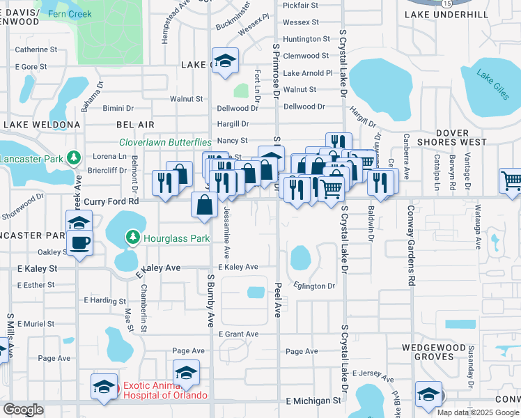 map of restaurants, bars, coffee shops, grocery stores, and more near in Orlando
