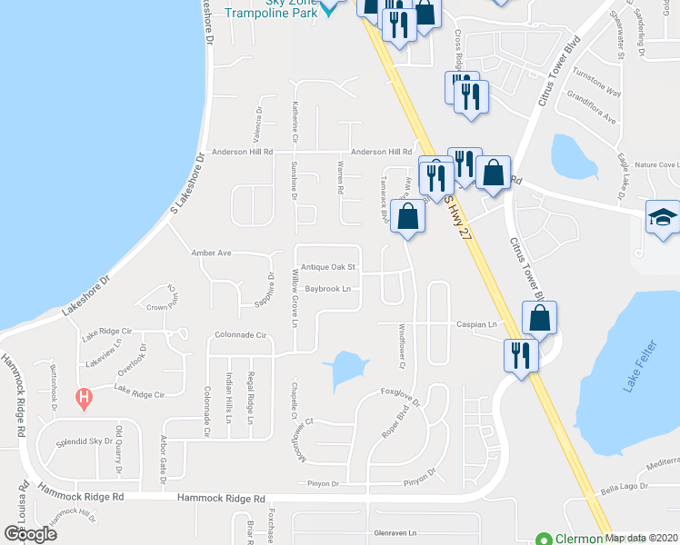 map of restaurants, bars, coffee shops, grocery stores, and more near 13038 Antique Oak Street in Clermont