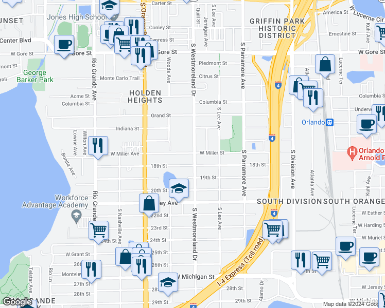 map of restaurants, bars, coffee shops, grocery stores, and more near 1000 West Miller Avenue in Orlando