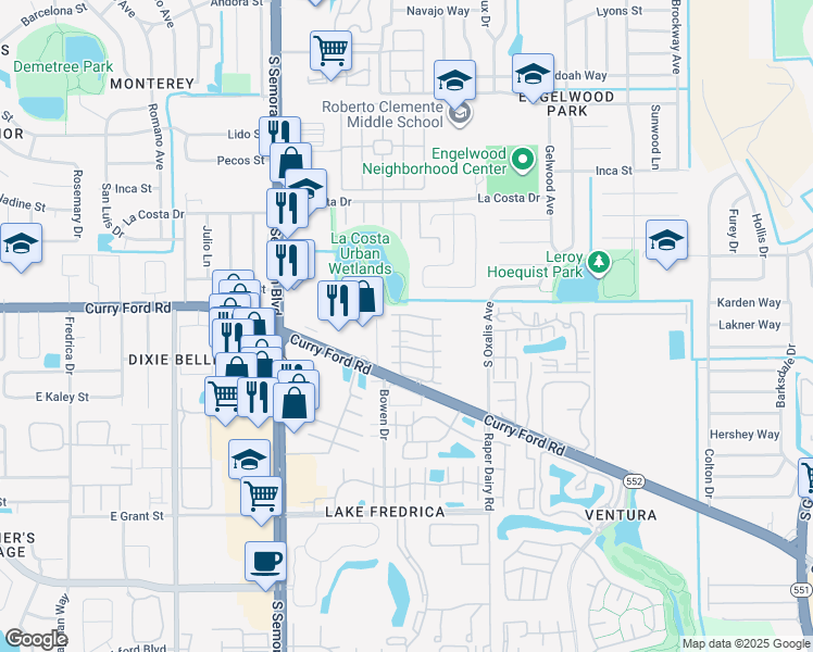 map of restaurants, bars, coffee shops, grocery stores, and more near 5900 Mustang Place in Orlando