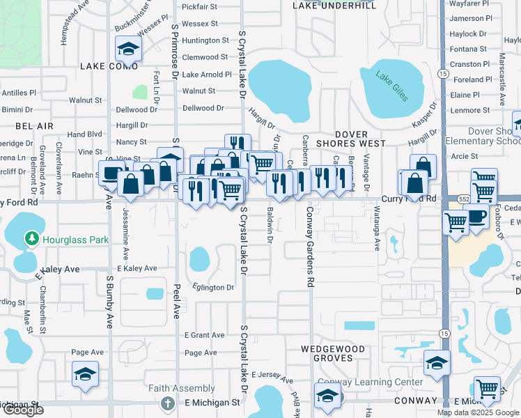 map of restaurants, bars, coffee shops, grocery stores, and more near 3212 Curry Ford Road in Orlando