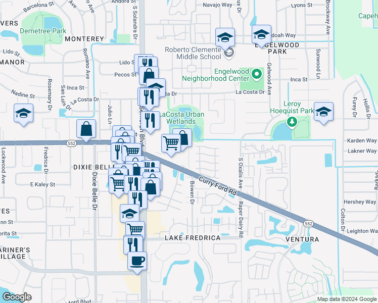 map of restaurants, bars, coffee shops, grocery stores, and more near 5900 Mustang Place in Orlando