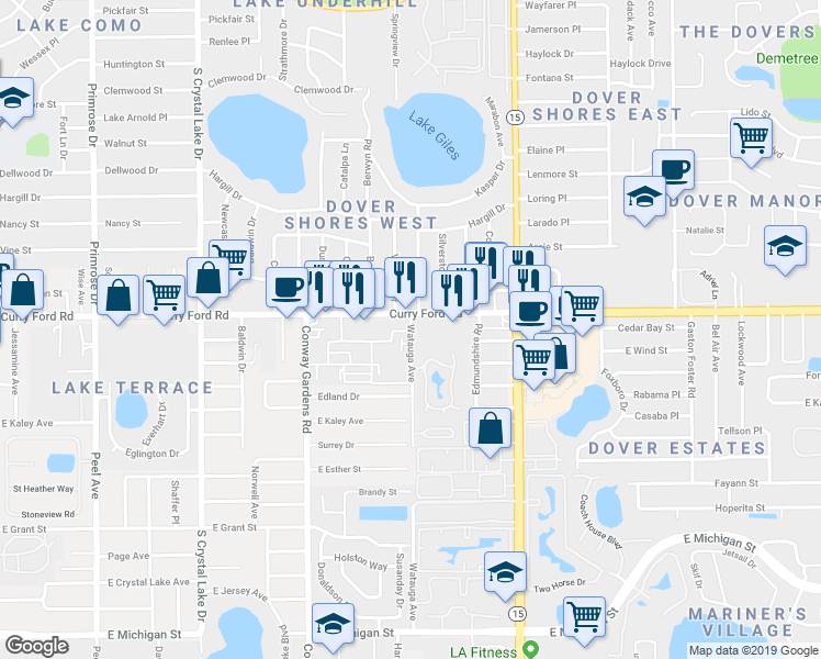 map of restaurants, bars, coffee shops, grocery stores, and more near in Orlando