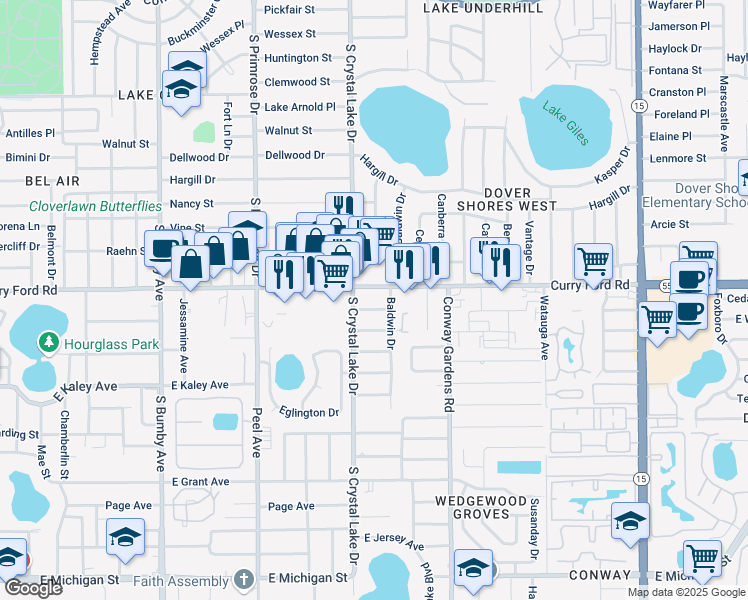 map of restaurants, bars, coffee shops, grocery stores, and more near 3212 Curry Ford Road in Orlando