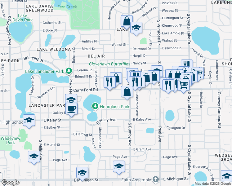 map of restaurants, bars, coffee shops, grocery stores, and more near 2010 Curry Ford Road in Orlando