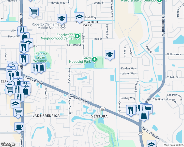 map of restaurants, bars, coffee shops, grocery stores, and more near 1612 Shady Ridge Court in Orlando