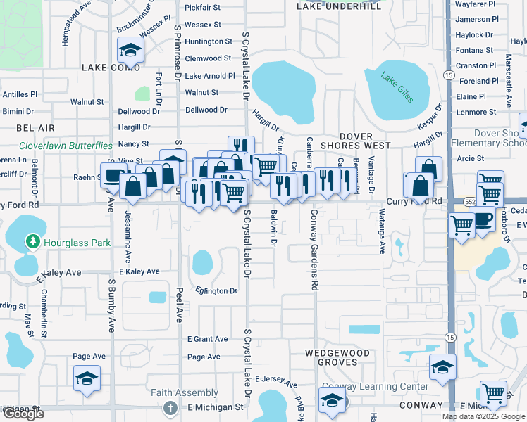 map of restaurants, bars, coffee shops, grocery stores, and more near 3212 Curry Ford Road in Orlando