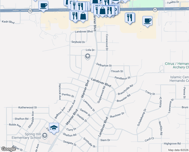 map of restaurants, bars, coffee shops, grocery stores, and more near 6410 Mariner Boulevard in Spring Hill