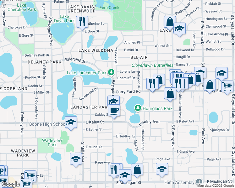 map of restaurants, bars, coffee shops, grocery stores, and more near 1708 Curry Ford Road in Orlando
