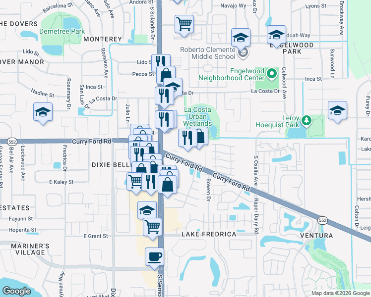 map of restaurants, bars, coffee shops, grocery stores, and more near 5763 Curry Ford Road in Orlando
