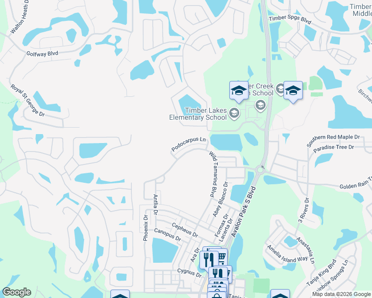 map of restaurants, bars, coffee shops, grocery stores, and more near 2343 Wild Tamarind Boulevard in Orlando
