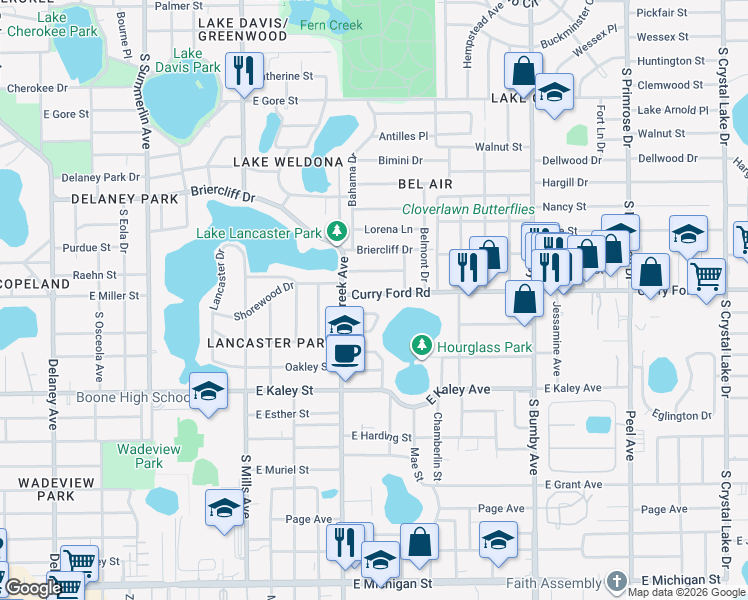 map of restaurants, bars, coffee shops, grocery stores, and more near 1708 Curry Ford Road in Orlando