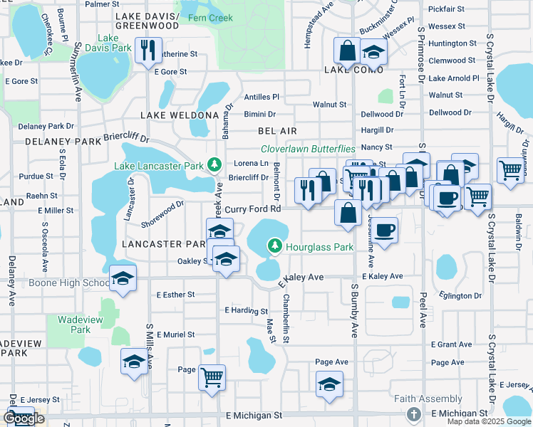 map of restaurants, bars, coffee shops, grocery stores, and more near 1812 Curry Ford Road in Orlando