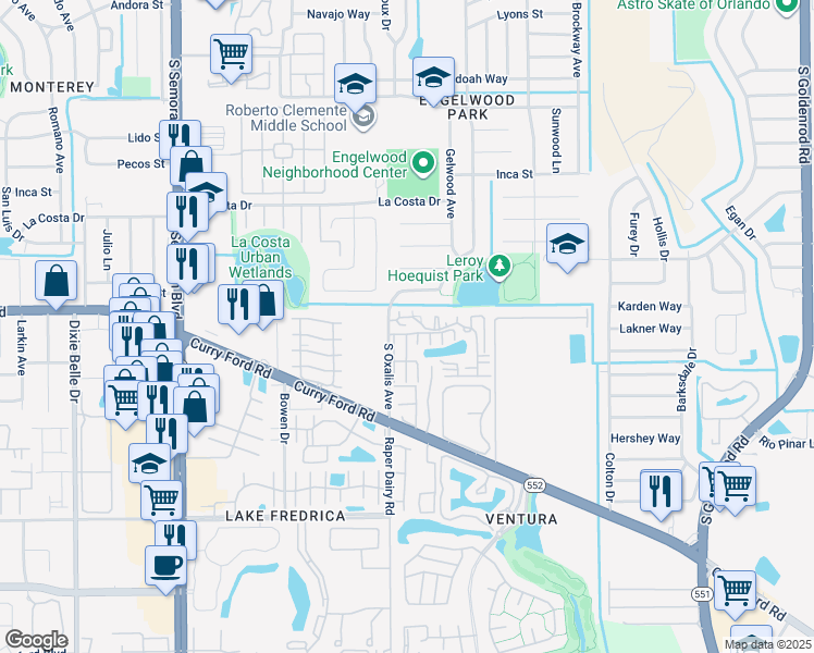 map of restaurants, bars, coffee shops, grocery stores, and more near 1623 Little River Drive in Orlando