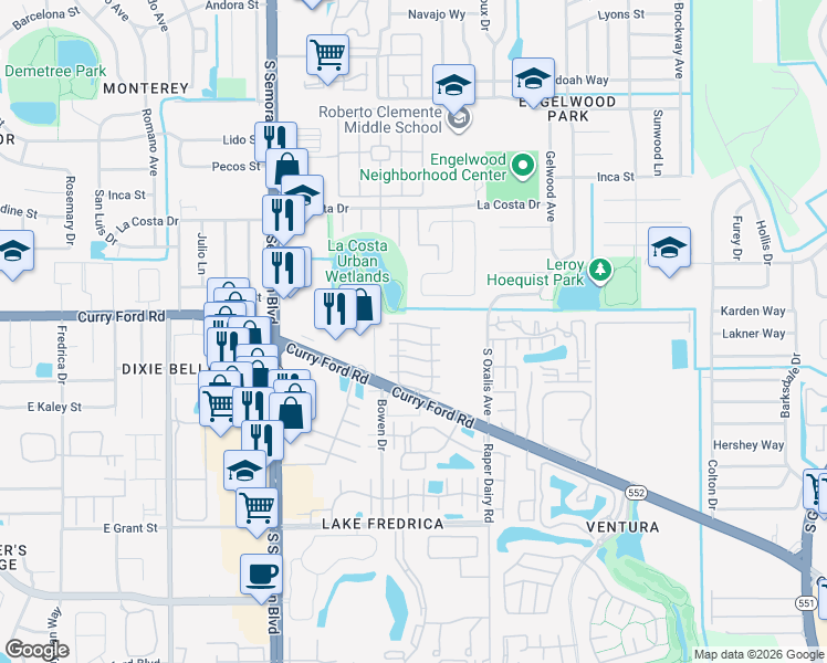 map of restaurants, bars, coffee shops, grocery stores, and more near 5917 Mustang Place in Orlando