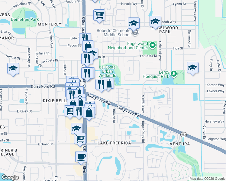 map of restaurants, bars, coffee shops, grocery stores, and more near 5900 Mustang Place in Orlando