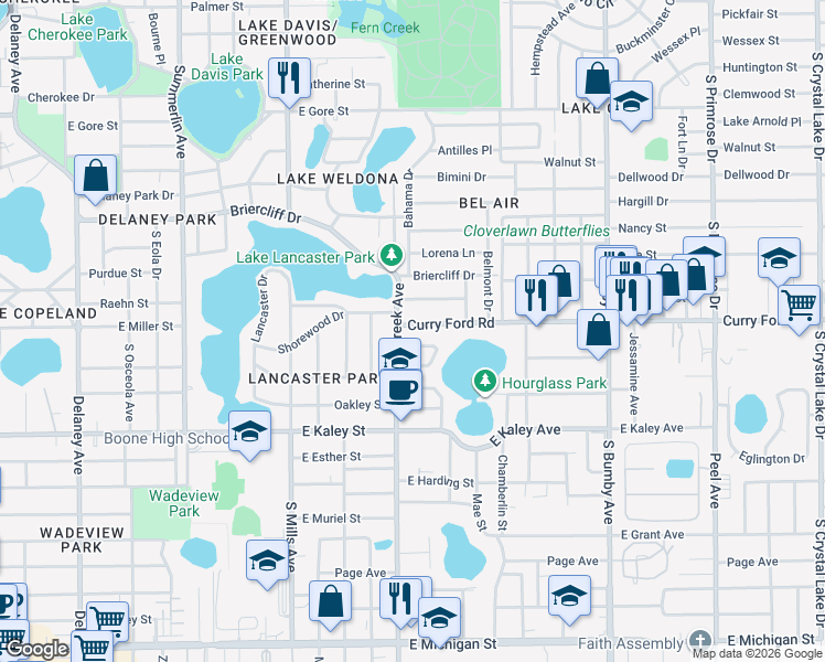 map of restaurants, bars, coffee shops, grocery stores, and more near 1516 Lancaster Drive in Orlando