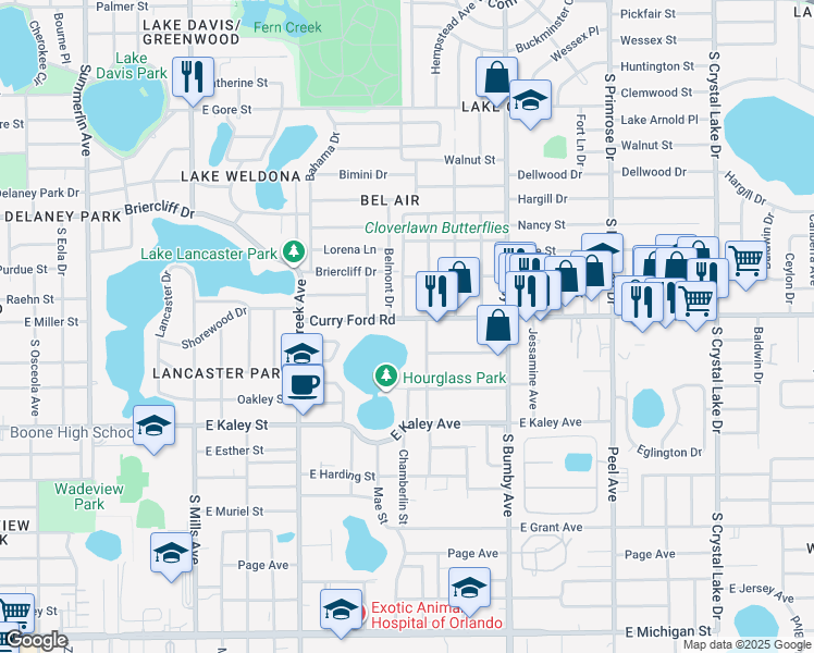 map of restaurants, bars, coffee shops, grocery stores, and more near 1904 Curry Ford Road in Orlando
