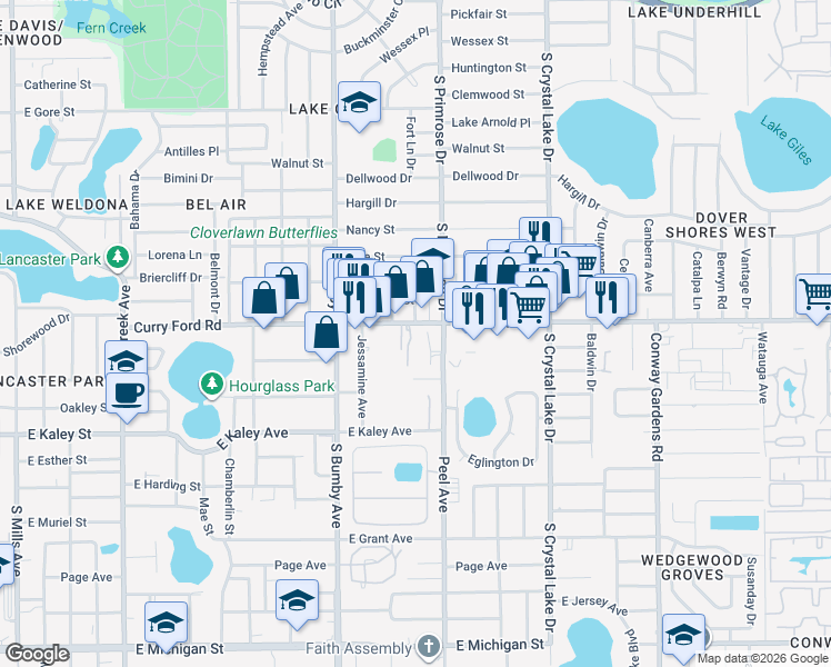map of restaurants, bars, coffee shops, grocery stores, and more near 2794 Curry Ford Road in Orlando