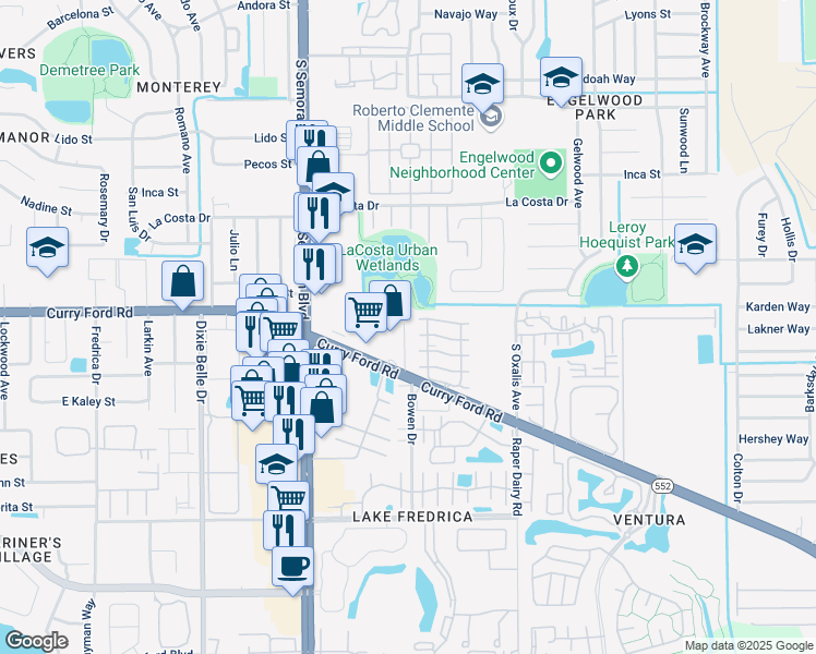 map of restaurants, bars, coffee shops, grocery stores, and more near 5900 Mustang Place in Orlando